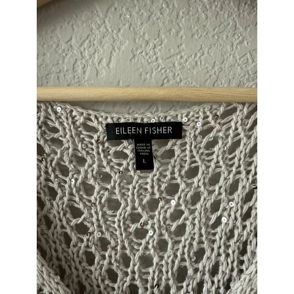 Eileen Fisher Sequin Open Knit Sleeveless Cami Tank Top Coastal Boho Beachy L - Picture 5 of 8